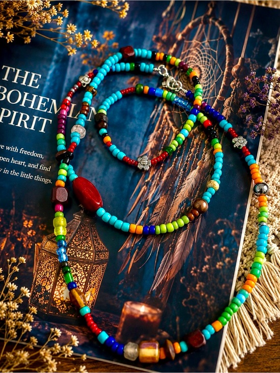 Artisan Jewelry - Boho Multicolor Beaded Necklace - Vibrant Turquoise & Rainbow or Bracelet
